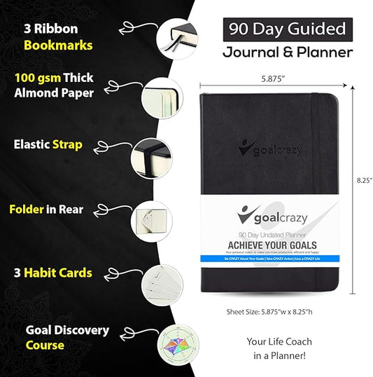 Undated Planner - 90 Day Guided Journal, 2024 2025 Weekly Organization, Productivity Habit Tracker, Inspirational, Life Setting, Leather, Almond Pages (black)