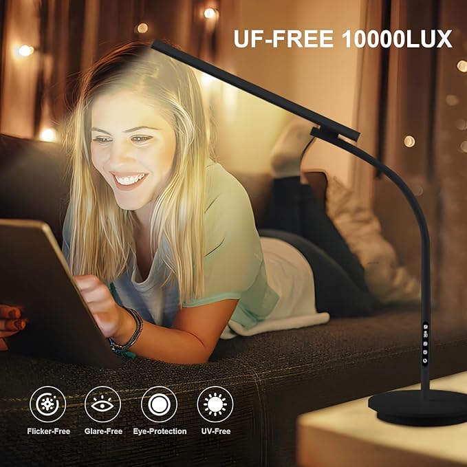 Happy Lamp,10000 Lux Sun Light, Floor Daylight Lamp with Remote & Touch Control & Adjustable Gooseneck for Reading/Office/Home (Black)