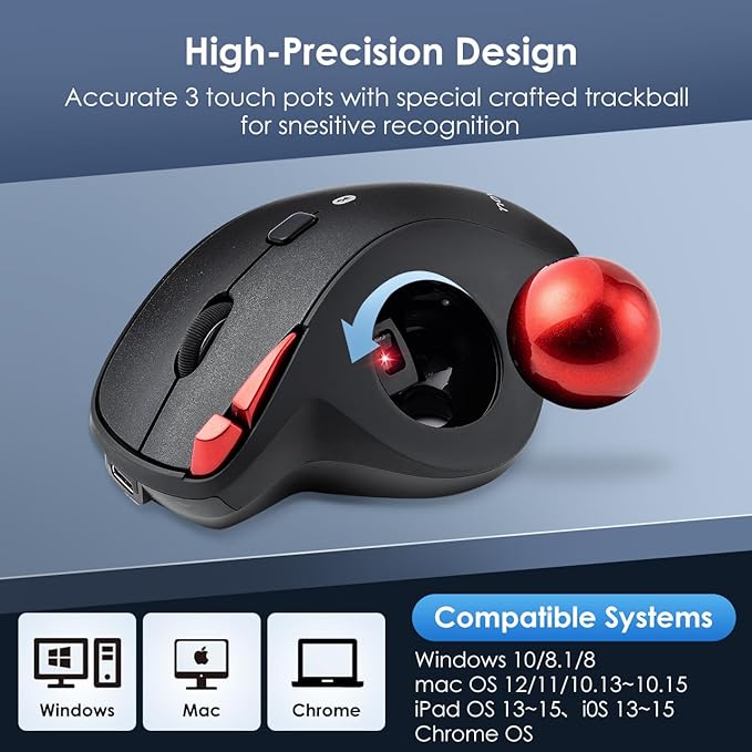 SANWA 2 Device Bluetooth Trackball Mouse, Silent Click Ergonomic Roller Ball Mouse, Wireless Rechargeable Thumb Mice, Programmable Buttons, 600-1600 DPI, Compatible with PC, Mac, Laptop, Windows