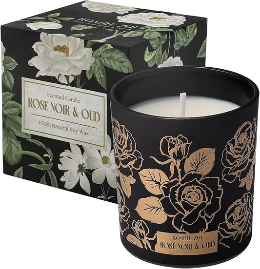 Scented Candle - Rose Noir & Oud- 6oz Aromatherapy Soy Wax Jar Candle for Home, Gifts for Women - 170g