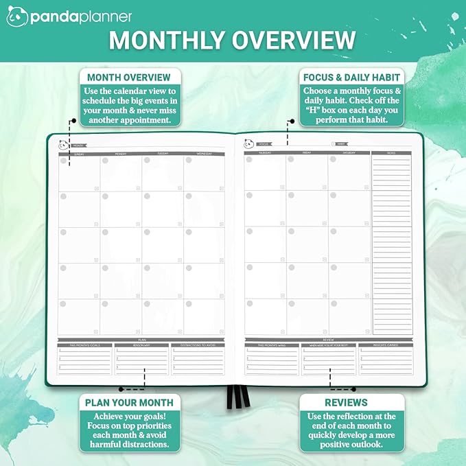 Panda Planner 2025-2026 Undated Weekly Planner, To Do List Notebook with Habit Tracker, 8” x 11”, 53 Weeks, Daily Weekly Monthly Overview for Home, School, Office, Turquoise