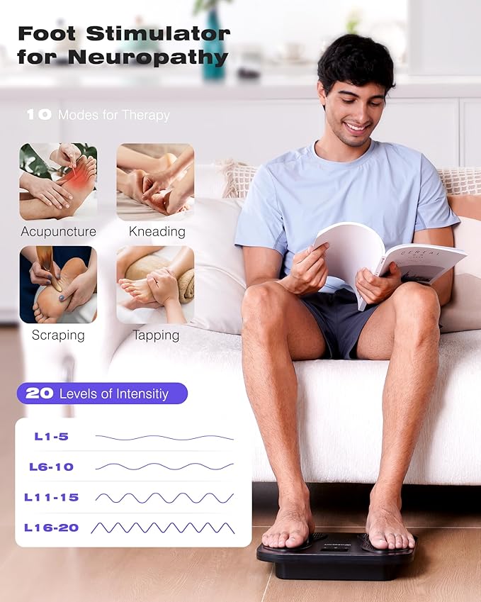 KINGJOY Foot Massager for Neuropathy, Rechargeable EMS TENS Foot Stimulator with 10 Modes 20 Intensities for Circulation Plantar Fasciitis & Swelling Pain Relief, Gifts for Women Men-Black