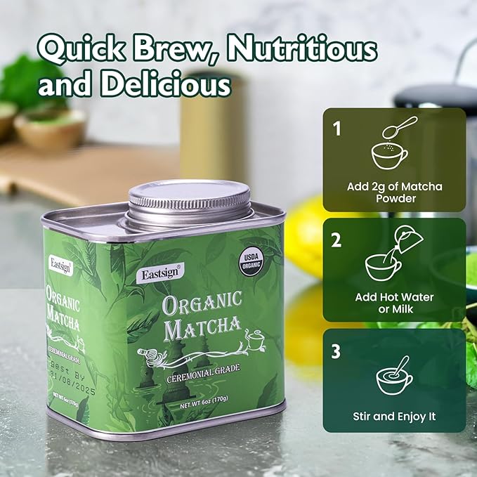 Eastsign Matcha Ceremonial Grade USDA Organic,Green Tea Powder 6oz, Premium USDA Organic Gluten Free Vegan and No Sugar,Suitable for Hot or Cold Drinks,Baking and Other Purposes(6oz)
