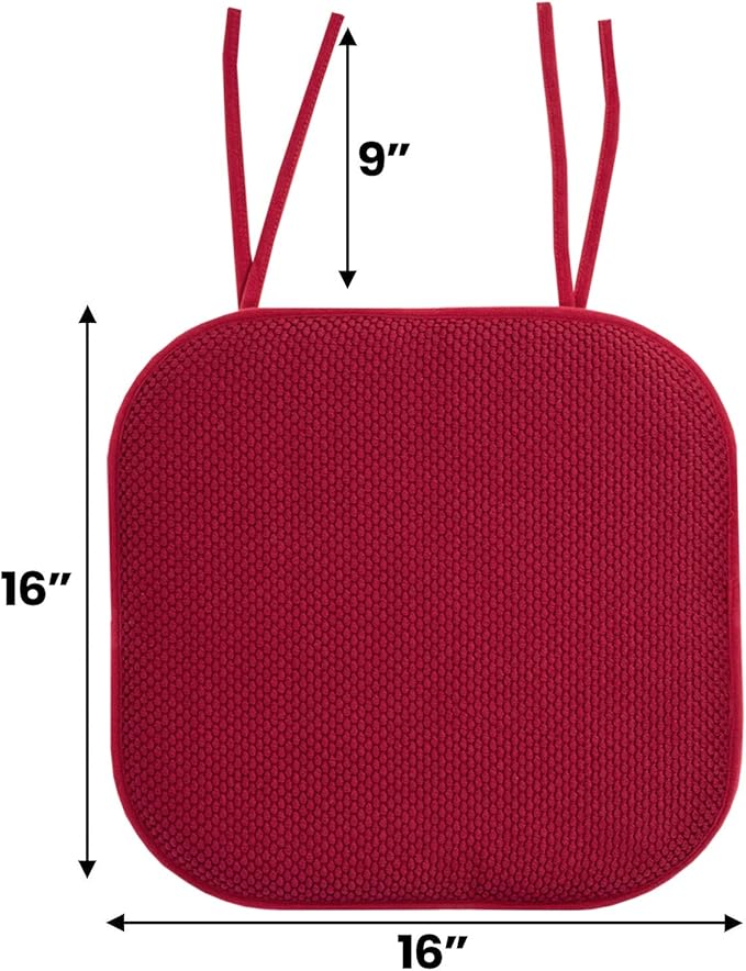 Sweet Home Collection Chair Cushion Memory Foam Pads with Ties Honeycomb Pattern Slip Non Skid Rubber Back Rounded Square 16" x 16" Seat Cover, 4 Pack, Red 4 Count