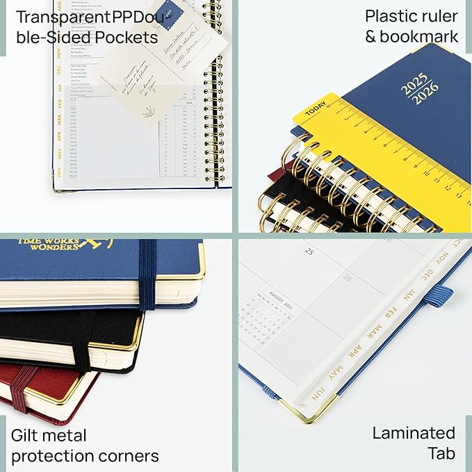 POPRUN Monthly Planner 2025-2026 Spiral Hardcover (6.25'' x 8.5''), 18 Months Calendar (Jul.2025 - Dec.2026)- 2 Pages per Month with Dotted Note Pages, Sunday Start, Laminated Tab - Light Yellow