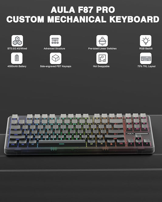 AULA F87 Pro Wireless Mechanical Keyboard,Tri-Mode BT5.0/2.4GHz/USB-C Hot Swappable Custom Keyboard,Pre-lubed Switches,Side Printed PBT Keycaps,75% TKL RGB Backlit Gaming Keyboards