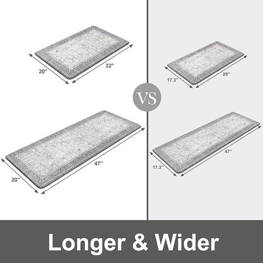 KIMODE Anti Fatigue Kitchen Mats for Floor, Boho Oriental Kitchen Rugs Sets of 2, Padded Kitchen Floor Mats Non Slip, Cushioned Standing Mats for Sink, Laundry, Desk Grey 20"x47"+20"x32"