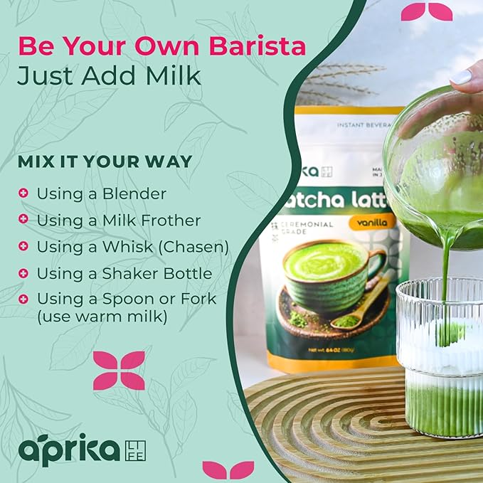 AprikaLife Matcha Latte Powder, Premium Barista Crafted Mix with Natural Vanilla Flavor - Authentically Japanese - 1st Harvest Ceremonial Grade, Sweet Matcha Powder Used by Coffee Shops 6.8 oz / 180g