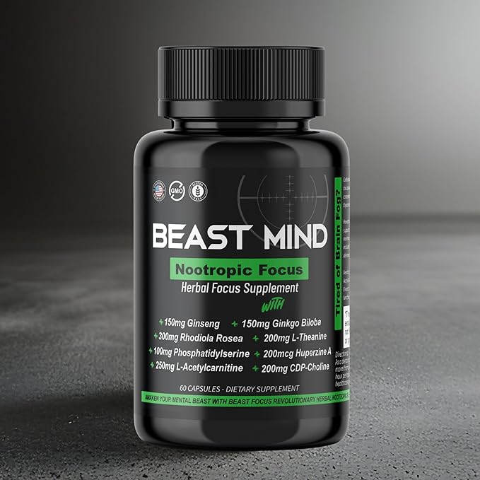 Beast Mind Focus Clarity Nootropic Blend | Ginkgo Biloba | Huperzine A | Rhodiola | Citicoline | L-Theanine | Enhanced Focus & Clarity & Cognitive Function Labs