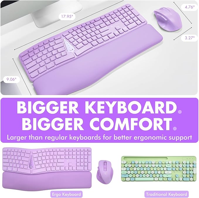 X9 Purple Ergonomic Keyboard Mouse Wireless Combo - Type Comfortably Longer - 2.4G/Bluetooth Split Keyboard, Multi-Device, Soft Wrist Rest, Rechargeable, Silent Ergo Keys - Laptop, PC, Mac,iOS,Android