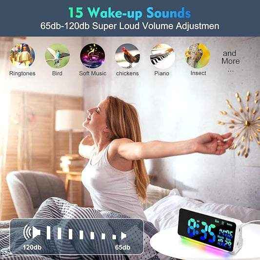 [120db Super Loud] Alarm Clocks for Bedrooms, 15 Wake Up Sounds, 7 Color Night Light, Dynamic RGB Color Changing, 0-100% Dimmer, Snooze, Large LED Display, Digital Clock for Heavy Sleepers Adults
