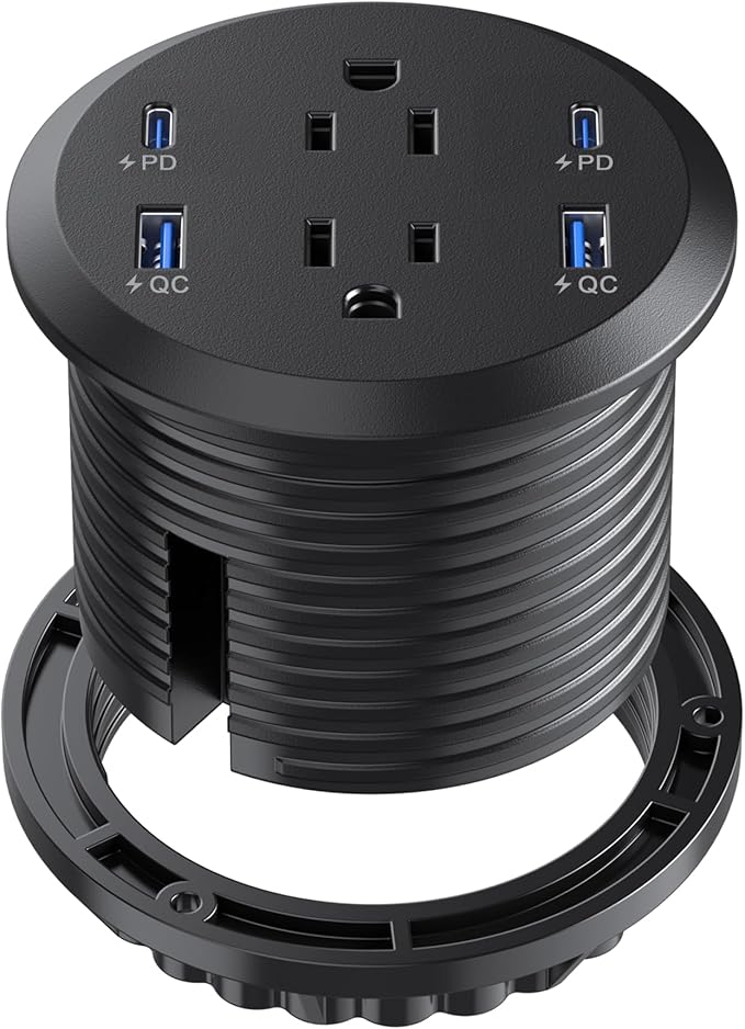 Jgstkcity Desktop Power Grommet, 65W USB C Fast Charging Port, Flush Mount Recessed Power Strip 3inch Hole,2 Outlets,4 USB Ports, Countertop Outlet (Black, 65W USB Port)
