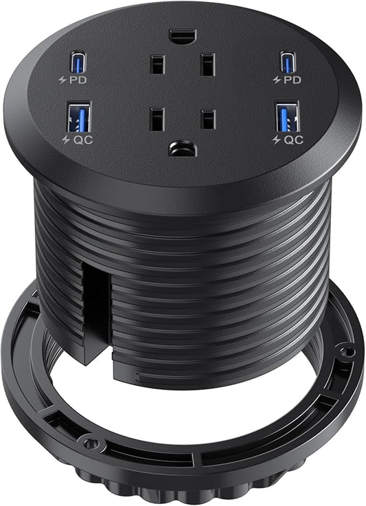 Jgstkcity Desktop Power Grommet, 65W USB C Fast Charging Port, Flush Mount Recessed Power Strip 3inch Hole,2 Outlets,4 USB Ports, Countertop Outlet (Black, 65W USB Port)