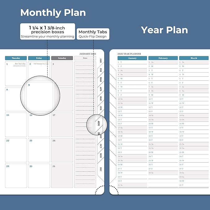 IN-LUXPRO Weekly Monthly 2026 Planner (Jan.26-Dec.26),8.5"x6.5",12 Months Agenda Plan with Month Tabs & Pocket,Expenses/Note Pages, Appointment Book Calendar with Hardcover Vegan Leather Cover,Blue