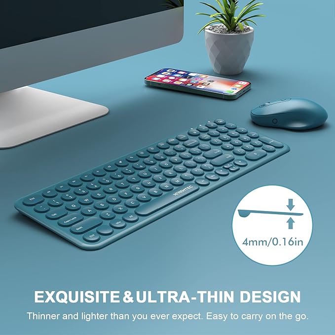 XTREMTEC Slim Wireless Keyboard and Mouse Combo, 2.4G USB Quiet Low-Profile Retro Round Typewriter Computer Keyboard and Ergonomic Mouse Set for Laptop/PC/iMac/Computer,PlugandPlay (Navy Blue)
