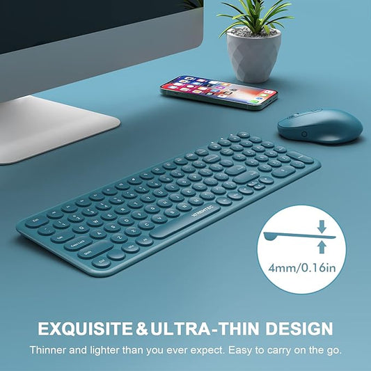 XTREMTEC Slim Wireless Keyboard and Mouse Combo, 2.4G USB Quiet Low-Profile Retro Round Typewriter Computer Keyboard and Ergonomic Mouse Set for Laptop/PC/iMac/Computer,PlugandPlay (Navy Blue)