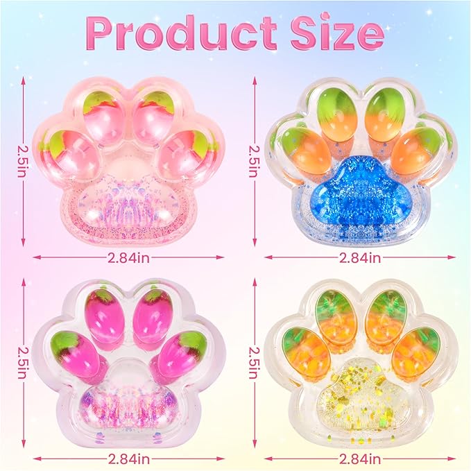 4Pcs Taba Squishy Cat Paw Toys, Colorful Sparkling Powder Cute Kawaii Sensory Fidget Stress Relief Squeeze Toys for Adults, Kids, for Desk, School （Fruit）