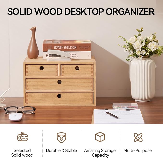 Kirigen Natural Wood Desktop Organizers with Drawers - Home Workspace Office Supplies Wooden Storage Box Shelf Case - Hold Makeup Box (NA, 3-Layer &4 Drawers)