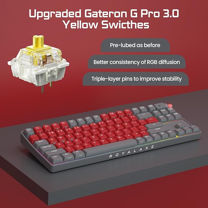 R87 Wireless Mechanical Keyboard, Hot Swappable Wired/2.4G Wireless/Bluetooth Keyboard with RGB Light for Windows & Mac, PBT Keycaps, G Pro 3.0 Yellow Switch, Night Crimson