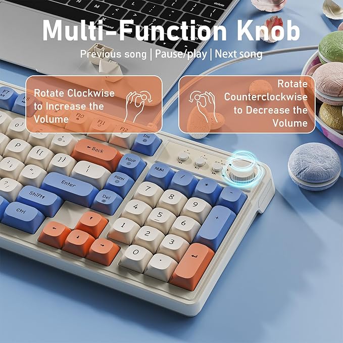 EWEADN G98 RGB Gaming Keyboard Wired, Retro Creamy Membrane Keyboards with Media Knob, Number Pad RGB Backlit, 98 Keys Quite Membrane Computer Keyboard for MAC Xbox PC Gamer -White&Blue