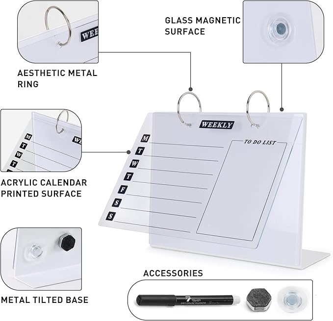 Desktop Glass Dry Erase & Acrylic Aesthetic Desk Calendar Weekly to-do List Combo, Small Magnetic Standing Whiteboard, Desk Flip Easel Calendar with Accessories for Home Office Supply, White, 9 x 7''