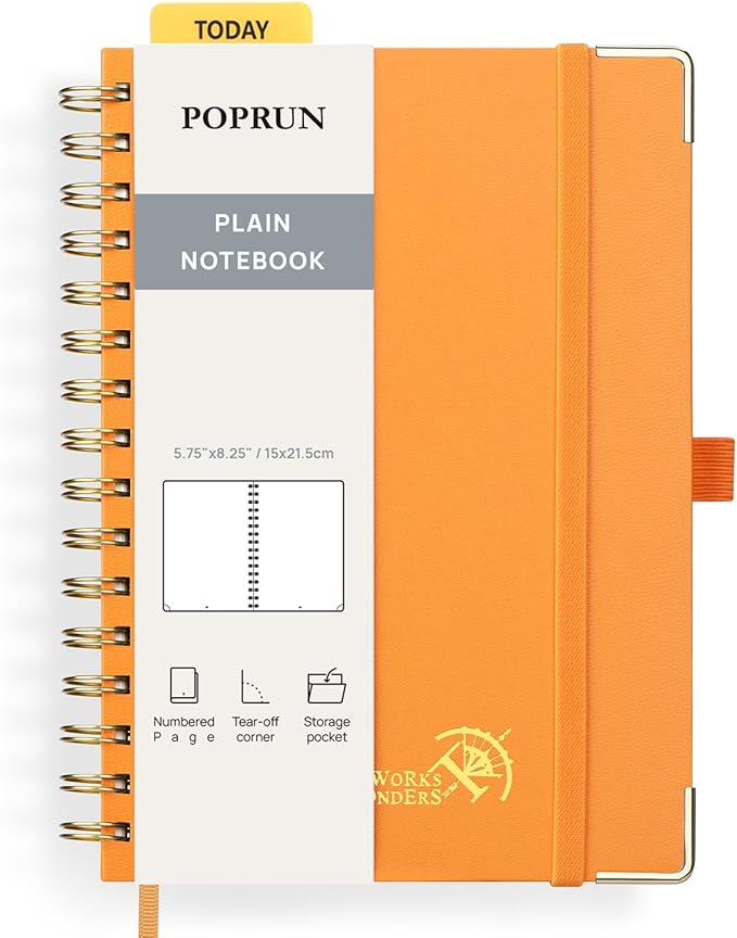 POPRUN Blank Journal Notebook, [A5-5.75'' x 8.25''] - 120 GSM Thick Paper, 141 Numbered Pages, Spiral Hardcover for Men & Women with Pocket, Index Tabs, 8 Perforated Sheets, Orange