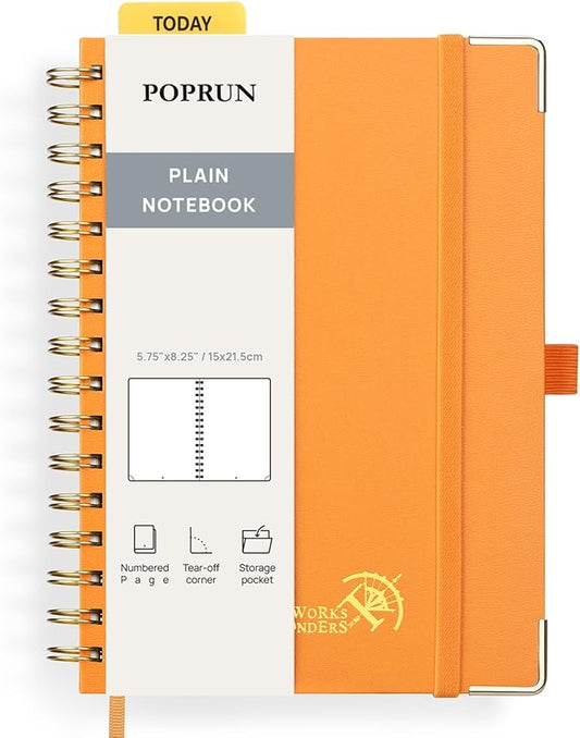 POPRUN Blank Journal Notebook, [A5-5.75'' x 8.25''] - 120 GSM Thick Paper, 141 Numbered Pages, Spiral Hardcover for Men & Women with Pocket, Index Tabs, 8 Perforated Sheets, Orange