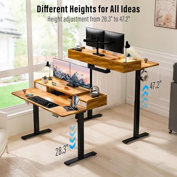 Kingant 63" x 30" Standing Desk with Drawers, Large Desktop, Ergonomic Sit Stand Desk for Home Office Work, Cable Management, 3 Preset Heights & 2 Hooks, Light Rustic
