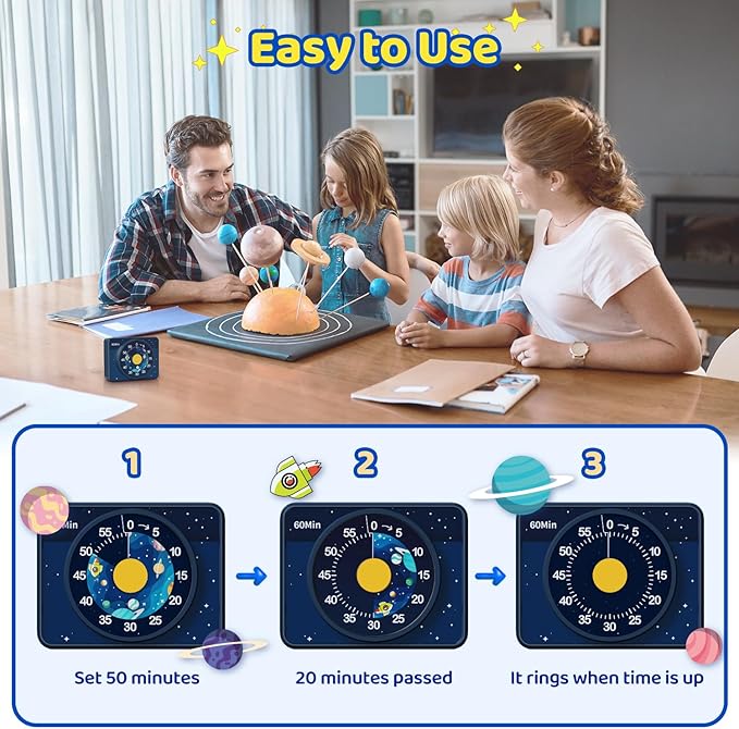 VOCOO Kids Visual Timer for Classroom - 60-Minute Countdown for Kitchen Cooking Office, Strong Magnet, Silent Time Management Tool, 2 AAA Batteries Included, Cute Starry Sky Pattern (Blue)