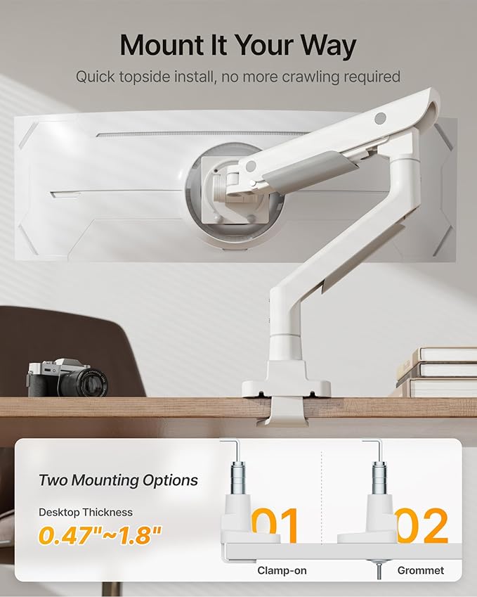 monTEK Sleek Aluminum Monitor Arm for 17–57” Ultrawide Screens up to 59 lbs, Heavy Duty Single Monitor Arm Desk Mount, Pneumatic Lift, Quick-Release Plate, Clamp/Grommet, Max VESA 100x100