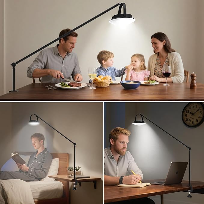 Dual-Power LED Desk Lamp with Clamp, Solar/USB Charging Desk Lamps with Metal Adjustable Swing Arm,Dimmable Eye-Caring Clip Lights with Removable Bulb for Dining/Home Office/Camping/RV Interior(Black)