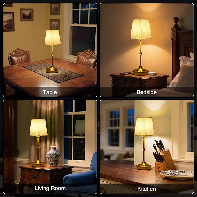 Cordless Table Lamp Rechargeable, 5200mAh High Capacity Battery Powered, Touch Dimmable Gold Lamp for Nightstand,Bedside,Kitchen,Living Room 15.8" (Fabric Lampshade)