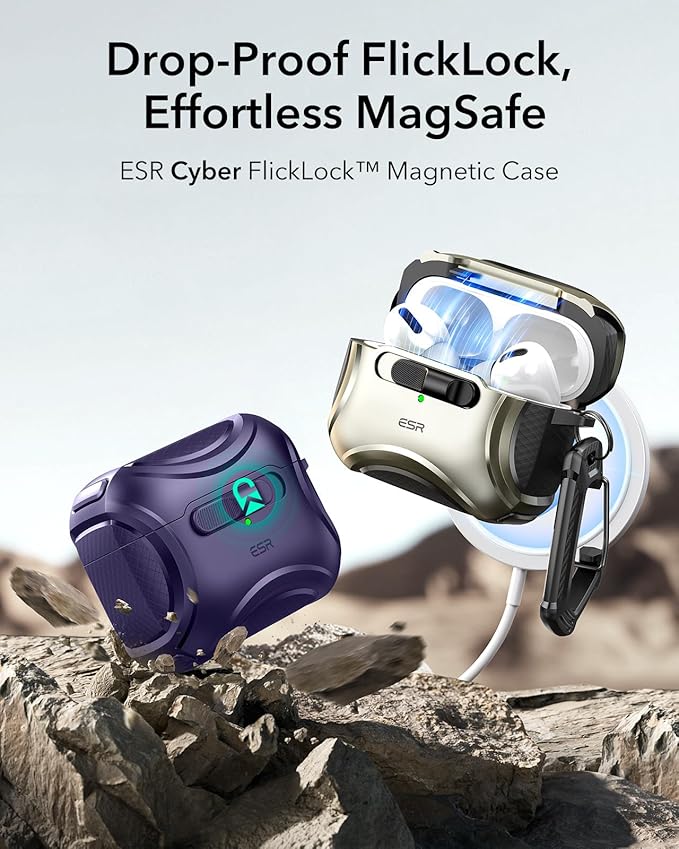 ESR for AirPods Pro 2 Case (2023/2022/2019, 2nd/1st Gen), Compatible with AirPods Pro 2nd Generation (USB-C/Lightning Cable), Effortless MagSafe, Drop-Proof Lock, Easy Open, Cyber Series,Purple