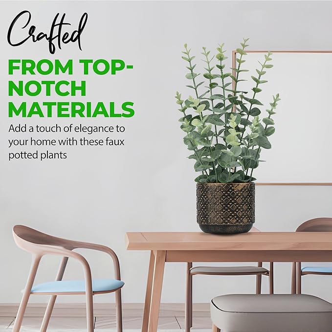 Artificial Plants Indoor Small, Mini Fake Potted Plants Faux Greenery for Shelf, Table, Bathroom and Kitchen Decor - Desk Plants for Office and Home Decoration (Eucalyptus Leaf)
