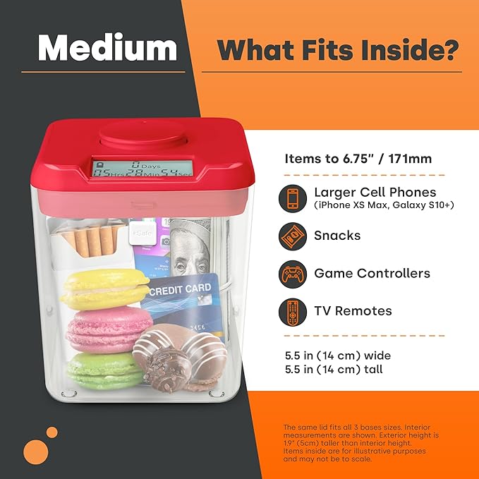 kSafe Time Locking Container Medium – Phone Lock Box, Snack Safe, Self-Control Timer Box, BPA-Free Plastic, No Overrides, 5.5” W x 5.5” H, White Lid, Clear Base