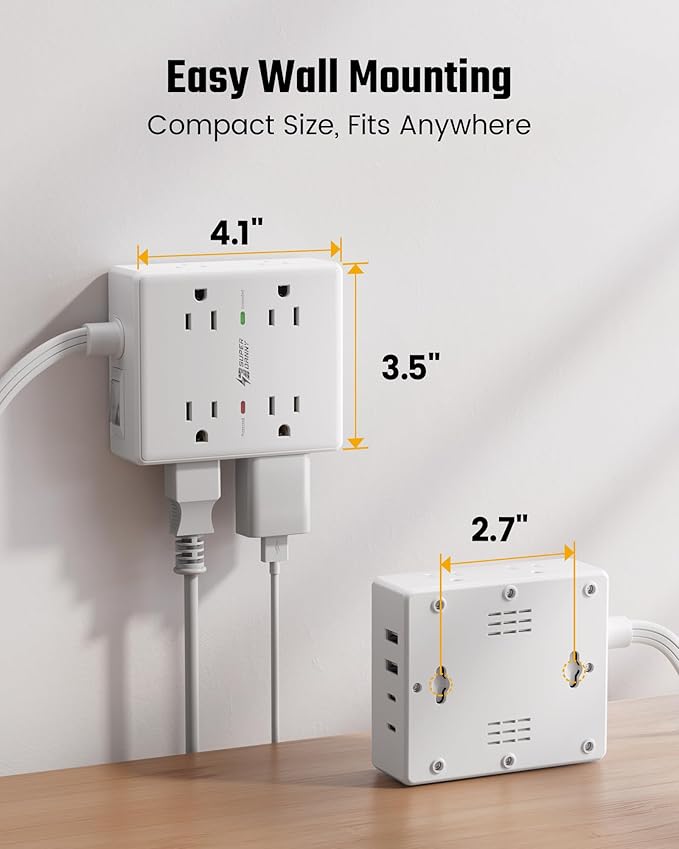 15Ft Long Extension Cord, Surge Protector Power Strip with 8 Outlets & 4 USB Ports (2 USB C), Flat Plug Power Strip Wall Mountable, Desk Charging Station for Home Office, College Dorm Room Essentials