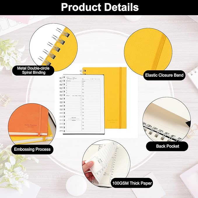 PATIKIL Undated Daily Planner with Hourly Schedule, A5 5.5"x 8.5" To-Do List Hard Cover Spiral Notebook Appointments Planner with Inner Pocket to Organize Daily Tasks Agendas, Yellow