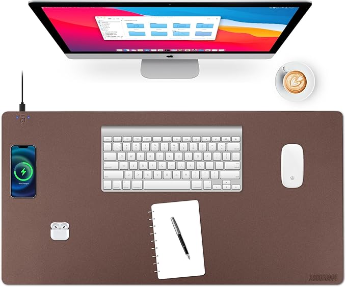 Wireless Charging Desk Mat with Desk Pad for Desktop Charging Large Mouse Pad Waterproof Leather Computer Mat Mouse Pad Non-Slip Protector on Top of Desks for Keyboard and Mouse (brown-l, 36*17inch)