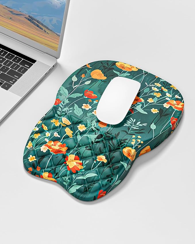 Auhoahsil Ergonomic Mouse Pad with Wrist Rest, Slope Computer Mouse Mat with Wrist Support, Memory Foam Filling, Non-Slip Silicone Base, Pain Relief, for Gaming & Work, 8 x 12 in, Green Flowers