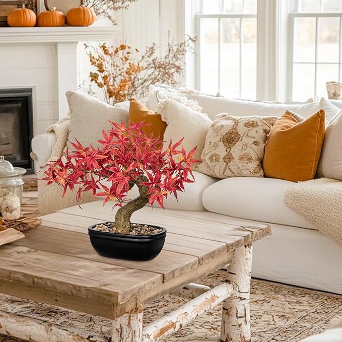 Artificial Maple Bonsai Tree, Mini Japanese Bonsai Plant in Ceramic Pot, Faux Potted Maple Desk Ornament, Indoor Tabletop Home Office Decor, Zen Garden Decoration