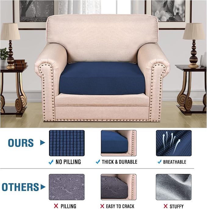 H.VERSAILTEX Super Stretch Individual Seat Cushion Covers Sofa Covers Couch Cushion Covers Slipcover Sets Thick Jacquard Textured Twill Fabric (1 Piece Chair Cushion Cover, Navy)