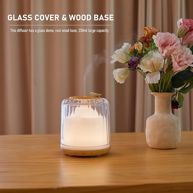 Essential Oil Diffusers, Glass and Real Wood Base Ultrasonic Aromatherapy Diffuser Aroma Defusers for Home Large Room 230ml with Bluetooth Speaker Music Player Colorful Led Light