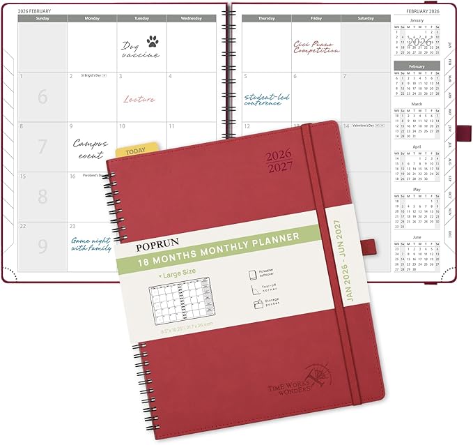 POPRUN Monthly Planner 2026-2027 (Large 8.5" x 10.5") 18 Months Calendar (Jan 2026 - Jun 2027) - 4 Pages per Month with Expense & Notes, Stair-like tabs, Leather Cover, Sunday Starts - Burgundy