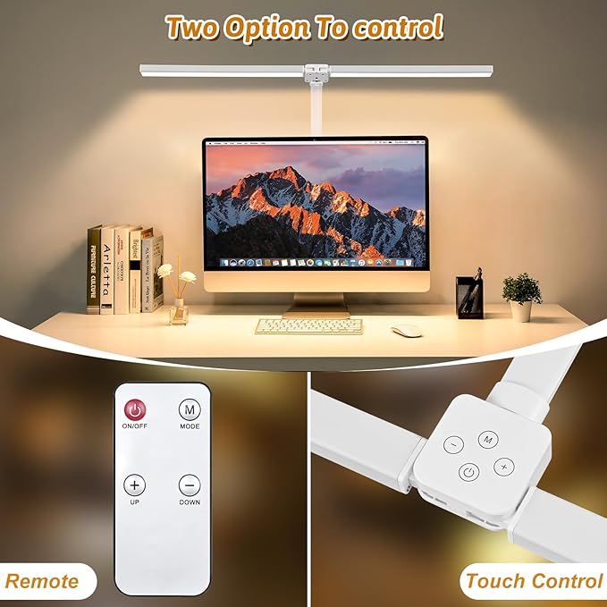 Double Head LED Desk Lamp with Remote Control for Home Office 24W Brightest Computer Desk Light for Workbench Drafting Architect Study Reading with Clamp and Base