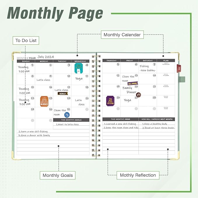 Ospelelf Planner Undated Daily Spiral Binding Weekly Monthly Hardcover Academic Planners with Stickers 12 Months Productivity Aesthetic Journey Letter Size Green Leaf