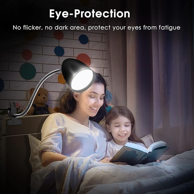 ENERGETIC SMARTER LIGHTING Clip on Light for Bed, Non-Dimmable Clip on Reading Light for Bed, 4000K Cool White, 3.5W 240 LM Desk lamp with clamp, Eye Protection, ETL Listed, Black