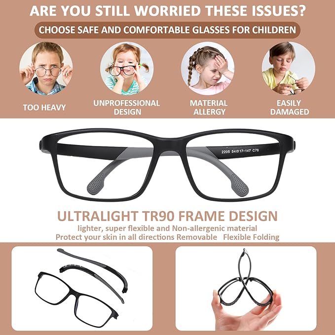 BiBiBear Blue Light Blocking Glasses Bendable Lens Legs for Kids Girls Boys Not Easy to Drop Reduces Eyestrain Lenses