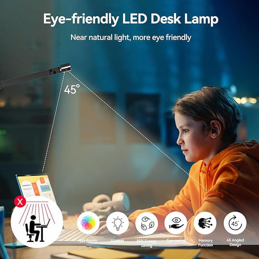 LED Architect Desk Lamp with Clamp - 24W Ultra Bright Adjustable Swing Arm Light for Home Office, 3000 Lumen Auto Dimming Computer Lamp with Stepless Touch Control, Rotatable for Video Calls, Drafting