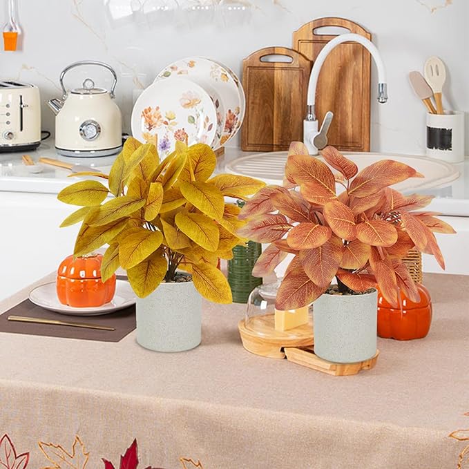 2PCS Fall Artificial Potted Plants Small Plastic Eucalyptus Plants Fall Decorations for Home Autumn Office Desk Farmhouse Room Decor
