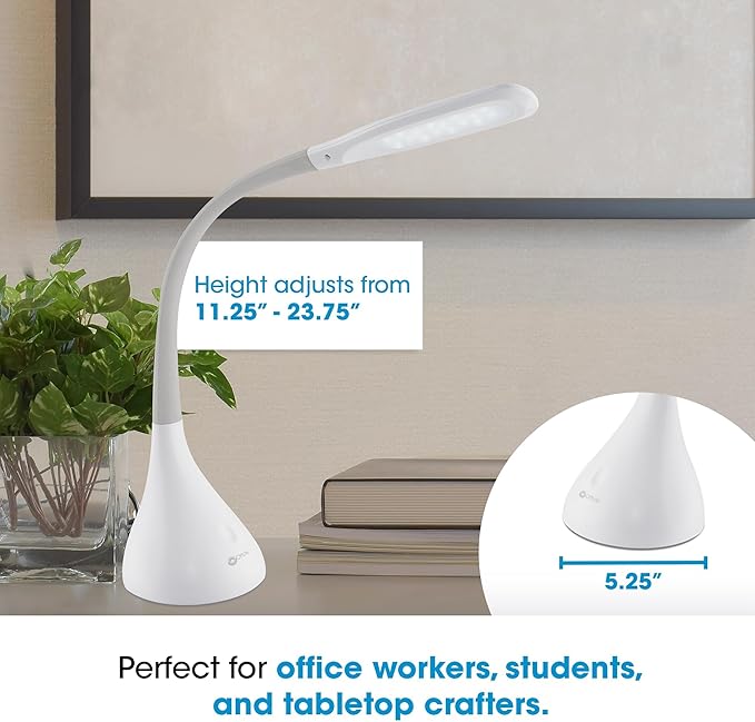 OttLite LED Desk Lamp with Adjustable Neck, Creative Curves (White/Grey) - 2.1A USB Charging Port, 4 Dimmable Brightness Settings, Energy-Efficient ClearSun LEDs for Home & Office